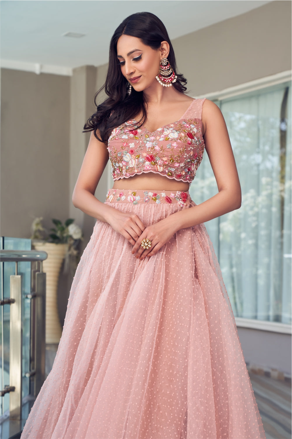 Peach Textured Organza Skirt With Embellished Blouse (7960738103542)