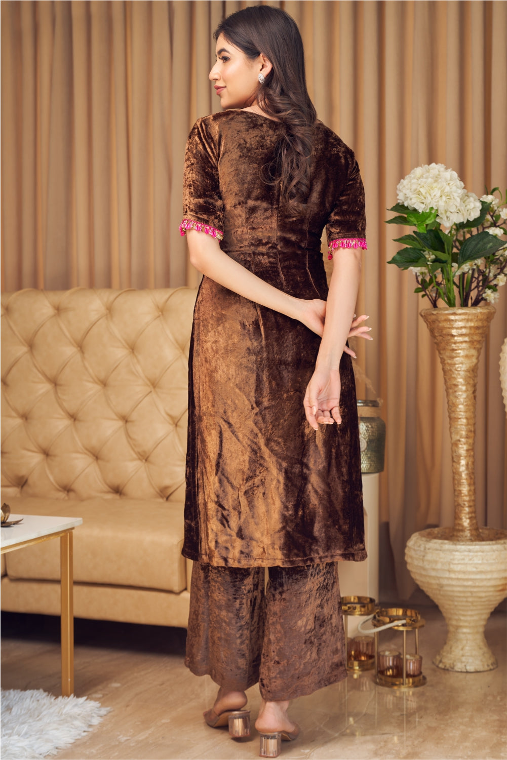 Brown Velvet Straight Fit Kurti with Pants (7954975916278)