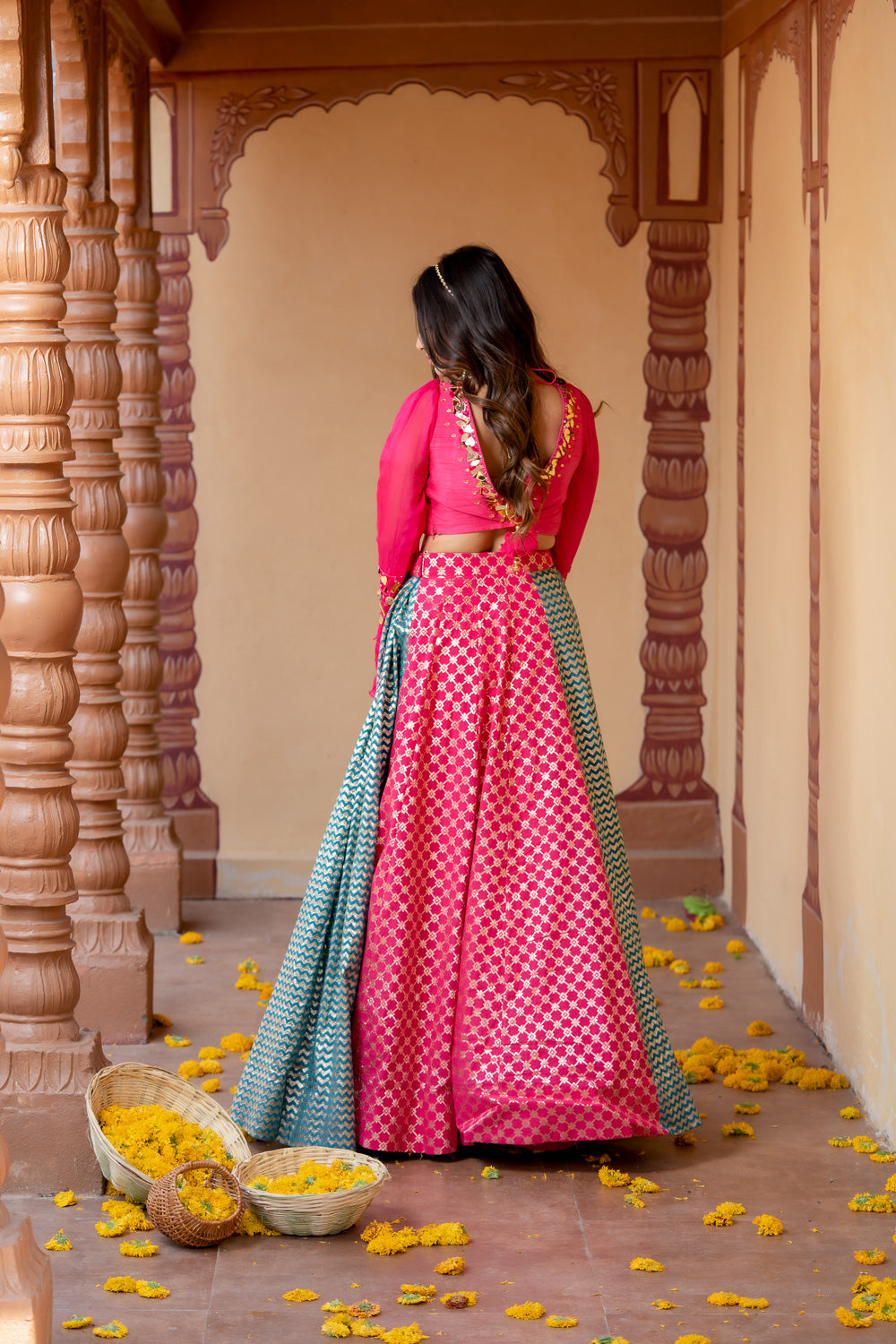HOT PINK GOLD EMBELLISHED MULTICOLOR LEHENGA SET (7717876138230)