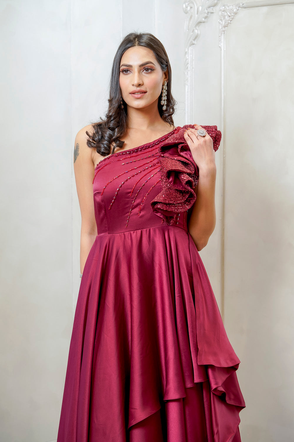 MAROON SEQUENCE RUFFLE FLARE GOWN (7557822775542)