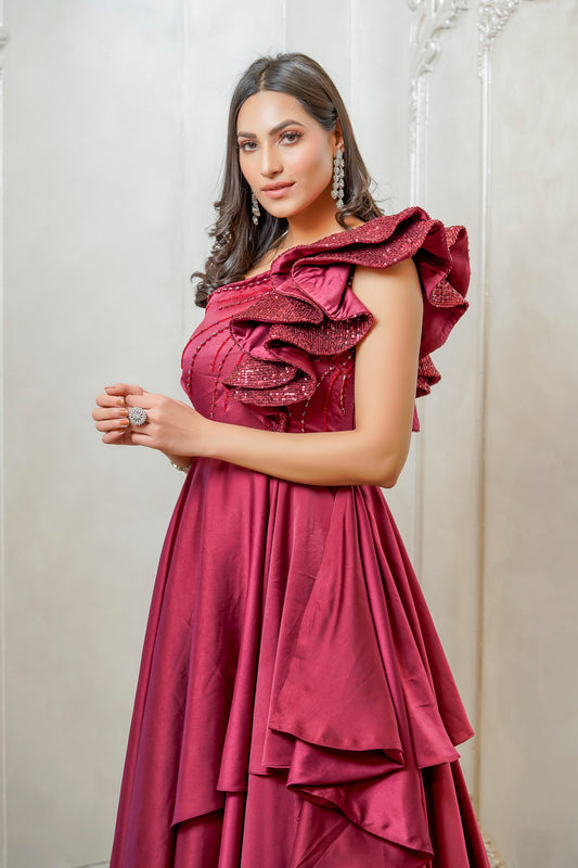 MAROON SEQUENCE RUFFLE FLARE GOWN (7557822775542)