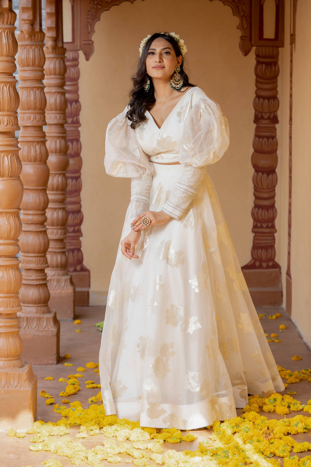 WHITE PEARL EMBELLISHED CUFF LEHENGA SET (7717793300726)