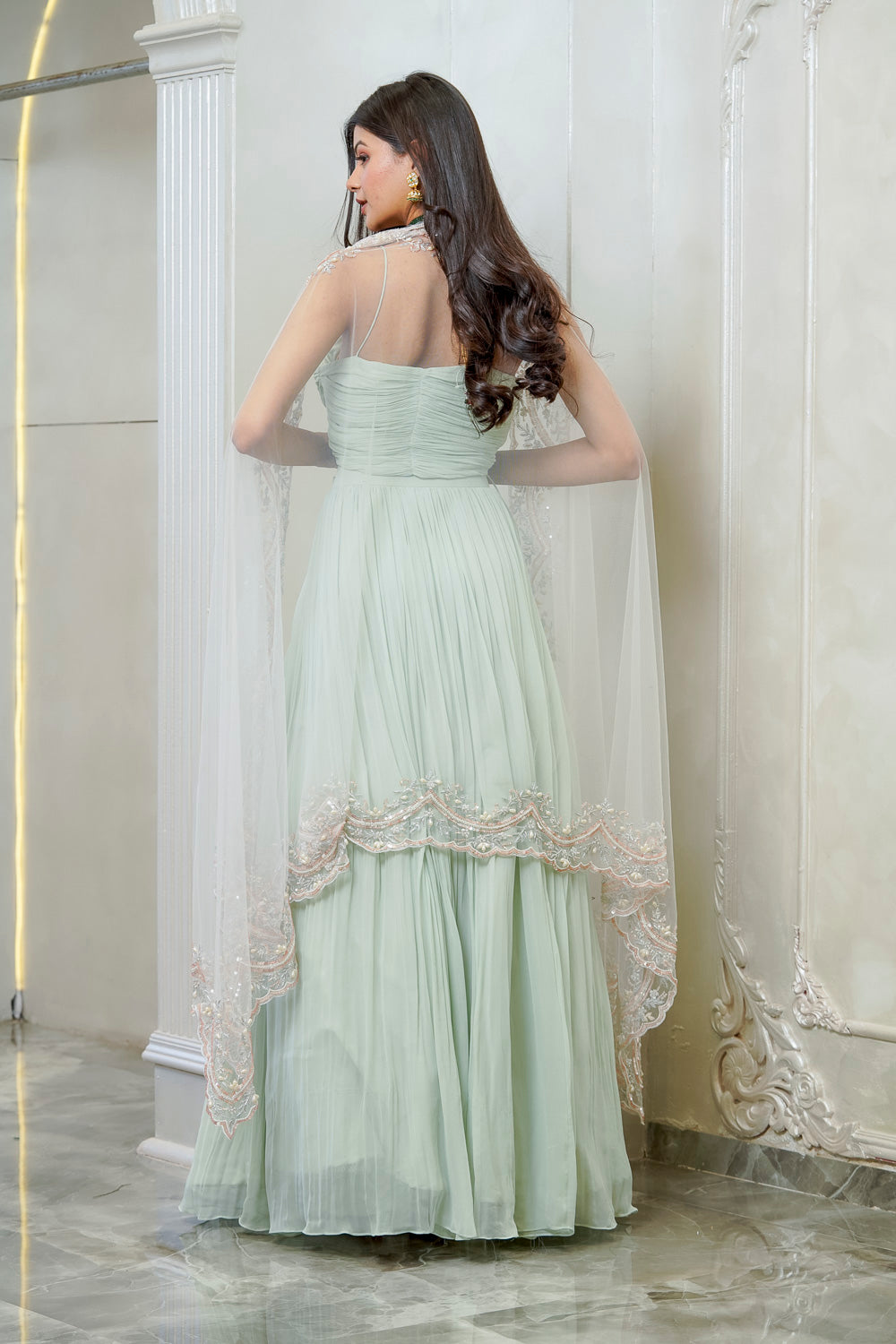MINT GREEN GATHERED CAPE LEHENGA SET (7557997691126)