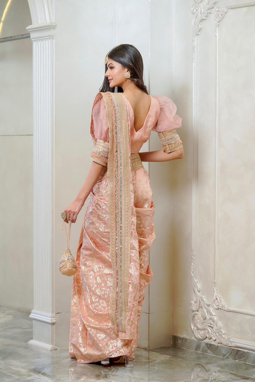 PEACH PUFF SLEEVE EMBELLISHED SAREE WITH BELT (7558022201590)