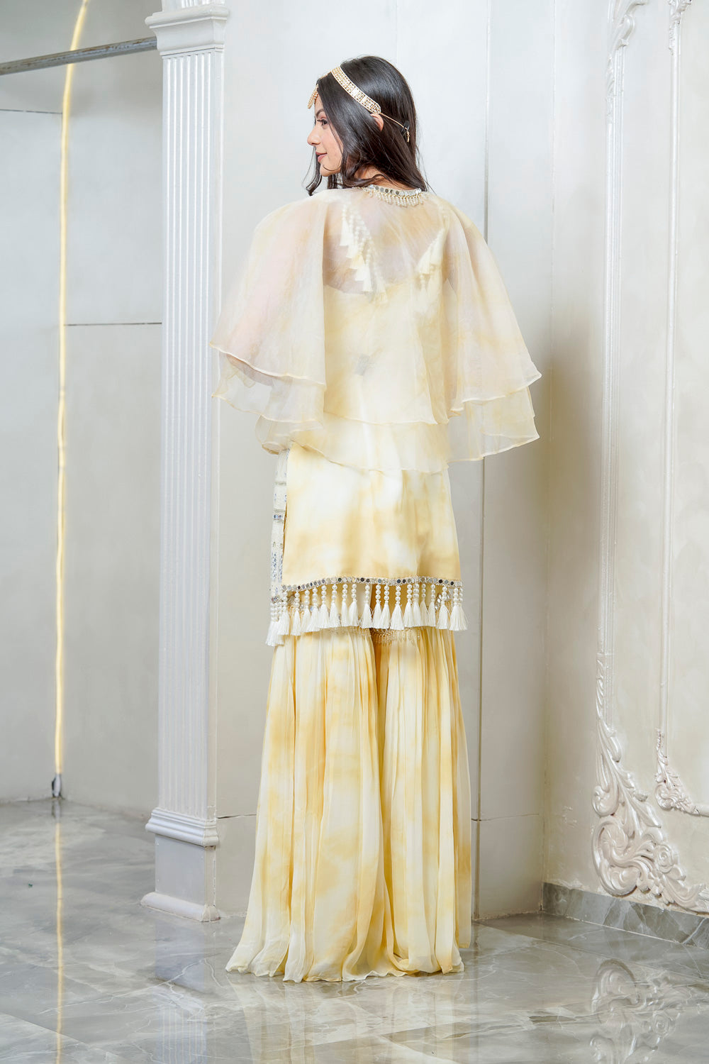 LEMON YELLOW TIE AND DYE CAPE SHARARA SET (7558637256950)