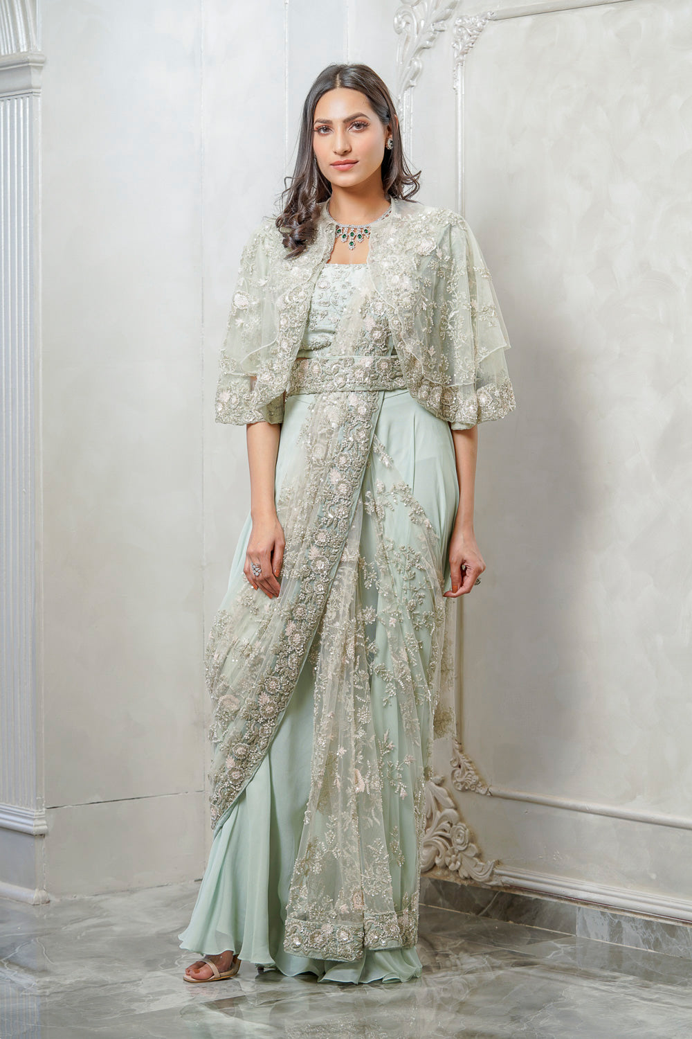MINT GREEN PRE DRAPED CAPE EMBELLISHED SAREE – Swish By Dolcy & Simran