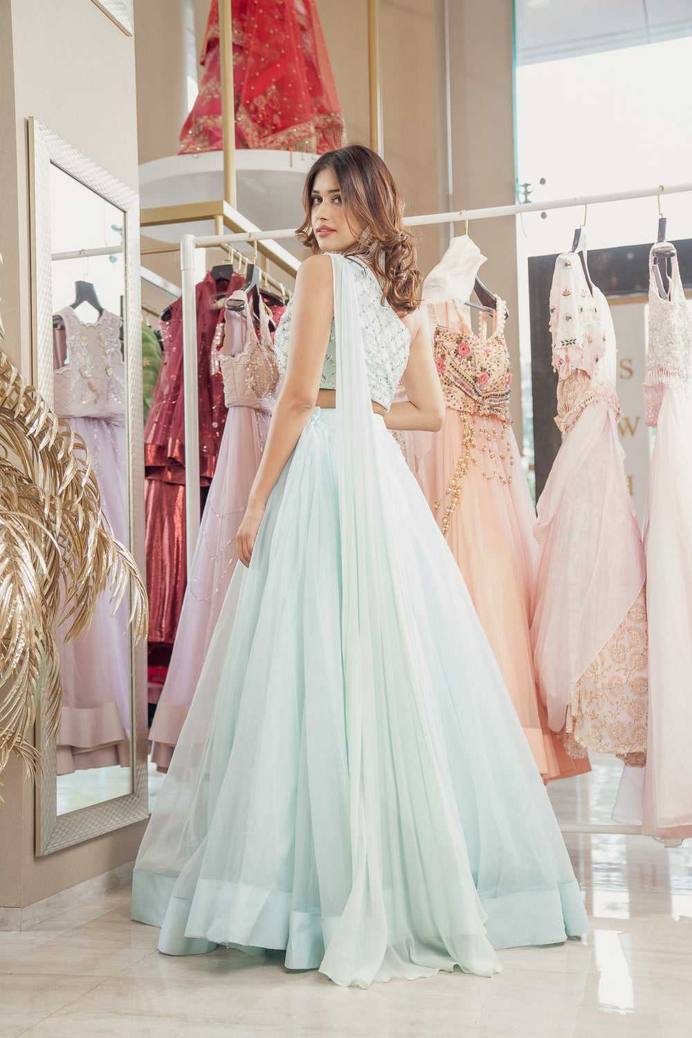 Mint Blue One Off Shoulder Blouse & Lehenga (6851323330743)