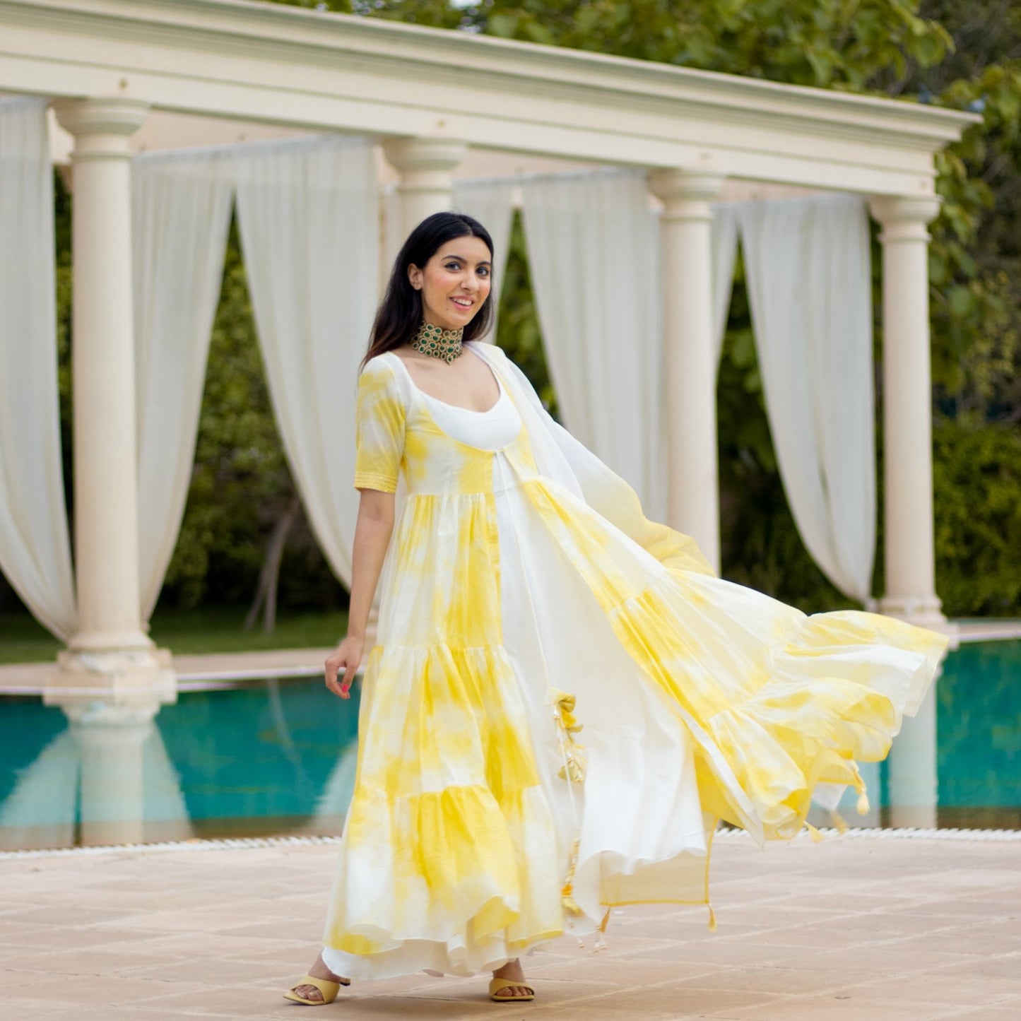 Yellow Tie Dye Jacket Kurti & Dupatta (6967578296503)