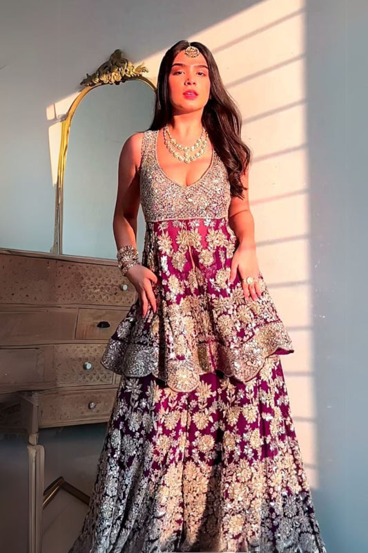 Harshita Roopchandani in Rooh Purple Organza Lining Shantoon Embroidery Gul Peplum Kurti With Sharara