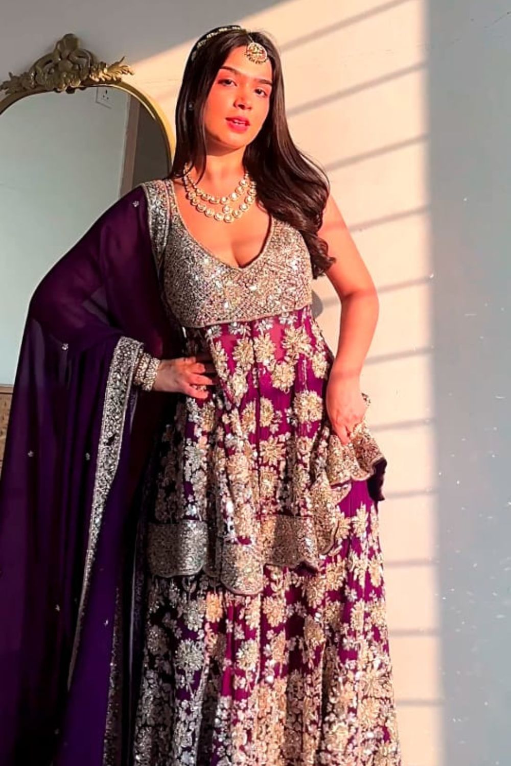 Harshita Roopchandani in Rooh Purple Organza Lining Shantoon Embroidery Gul Peplum Kurti With Sharara