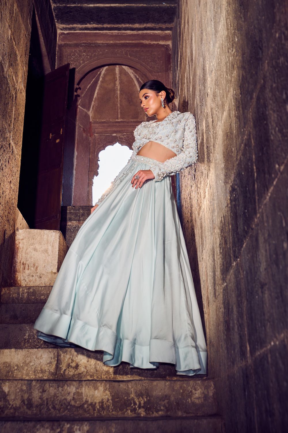 Glacielle Powder Blue Embellished Net, Satin and Organza Lehenga with Blouse and Jacket