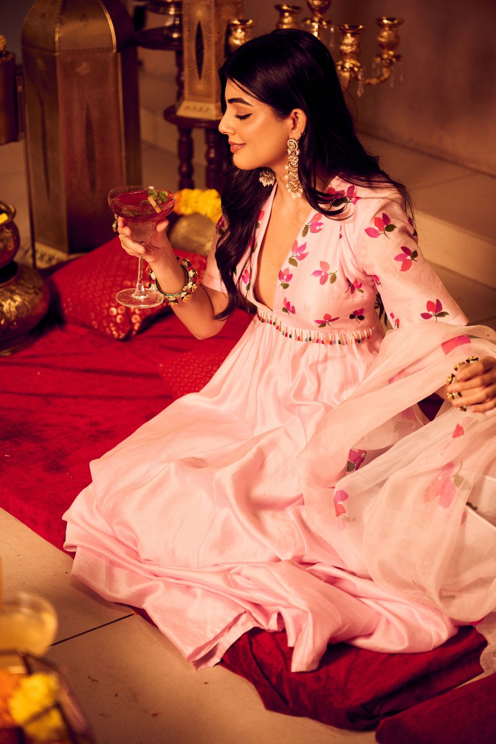 Blossom Baby Pink Chanderi Kora Hand Painted Anarkali with Dupatta