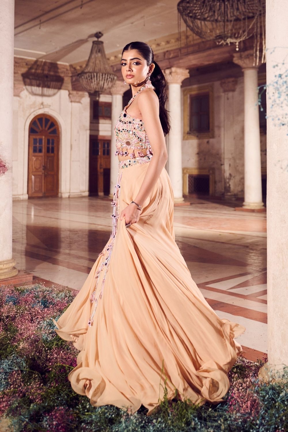 Nafisa Cream Mirrorwork Skirt with Halter Neck Blouse