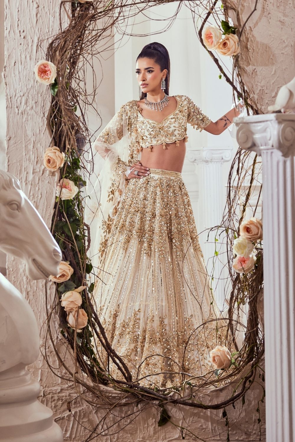 Beatrix Ivory Hand Embellished Net Bridal Lehenga Set With Sweetheart Neckline