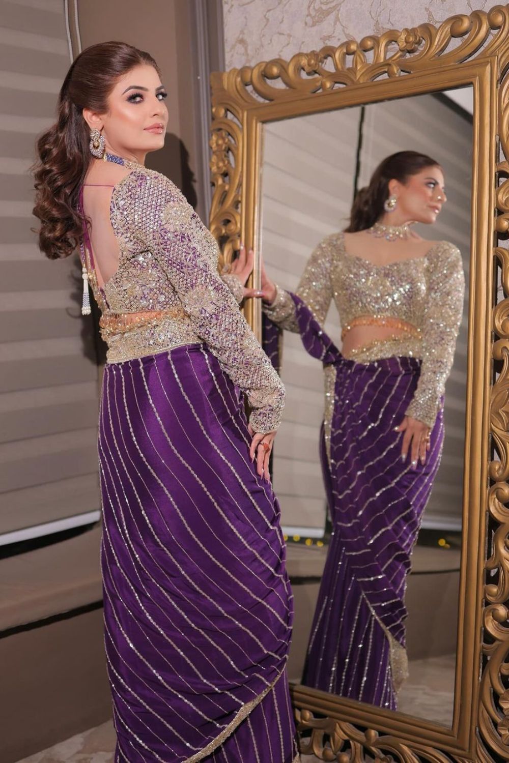 Aastha Nagpal in Riyaaz Purple Organza Lining Shantoon Phool Bahar Border Saree With Blouse
