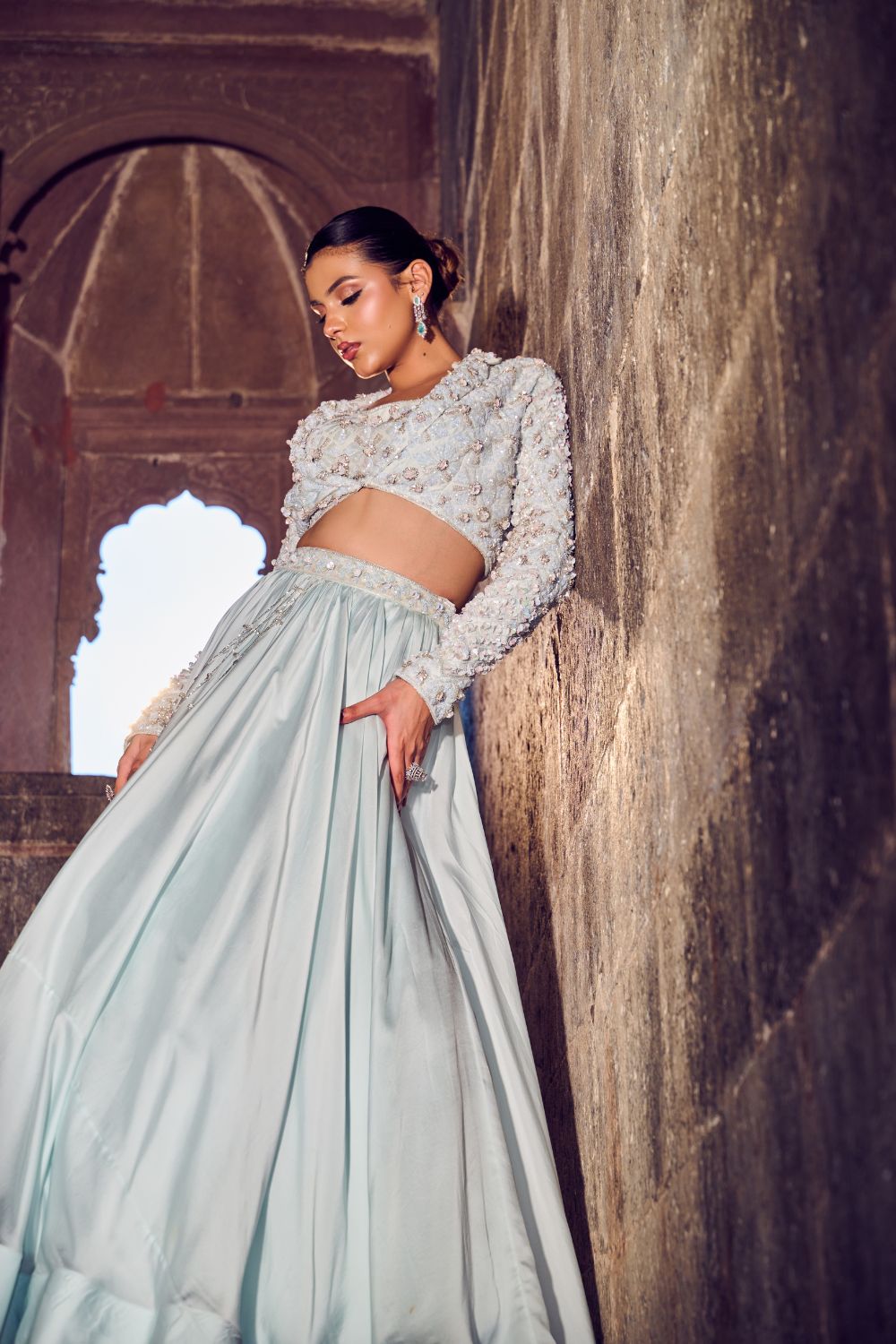 Glacielle Powder Blue Embellished Net, Satin and Organza Lehenga with Blouse and Jacket