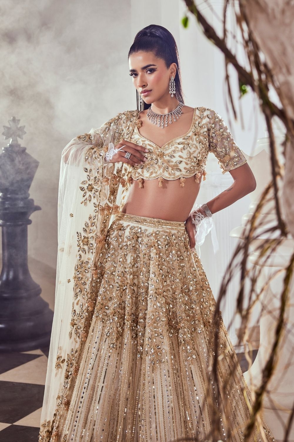 Beatrix Ivory Hand Embellished Net Bridal Lehenga Set With Sweetheart Neckline