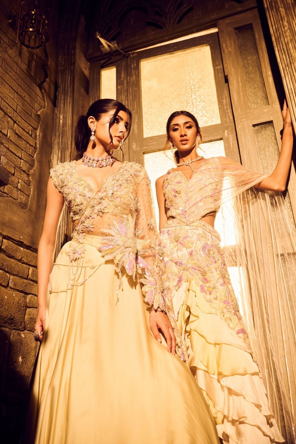 Lyra Green Ivory Ombre Embellished V-neck Satin Organza Net Lehenga with Dupatta