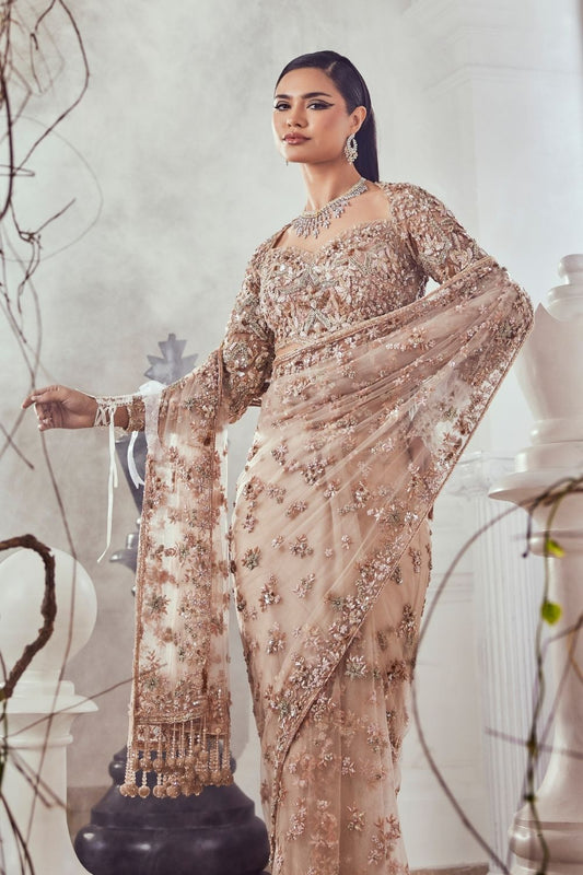 Theodora Beige Heavy Zardozi Embellished Net Saree Set With Sweetheart Neckline