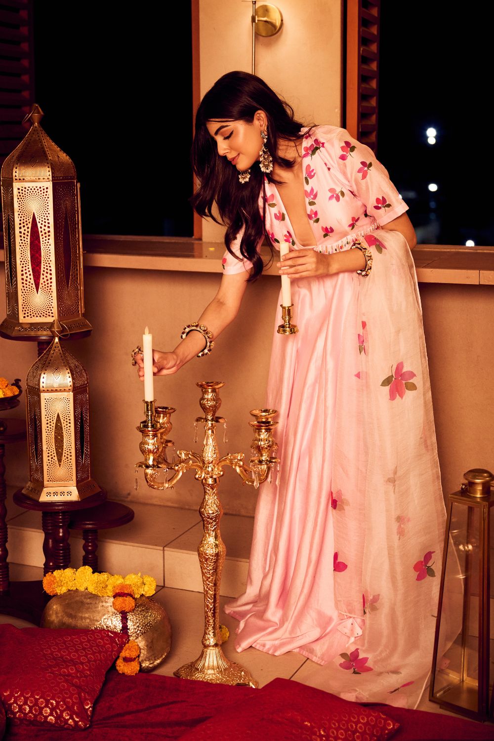 Blossom Baby Pink Chanderi Kora Hand Painted Anarkali with Dupatta