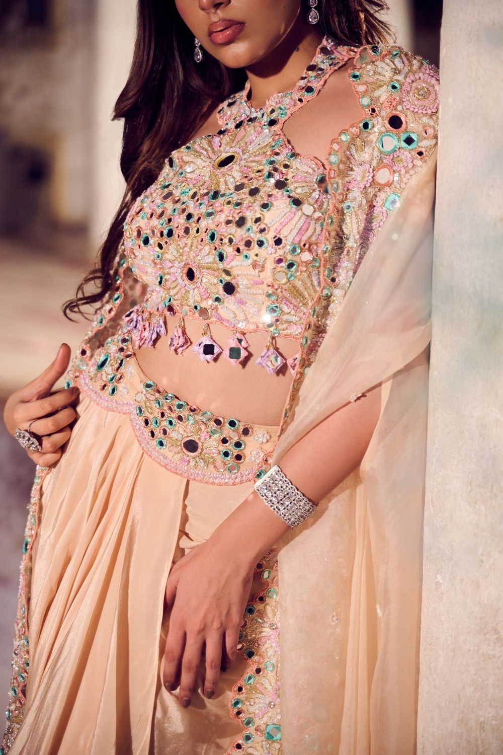 Sahiba Cream Mirrorwork Drape Skirt with Bustier and Cape