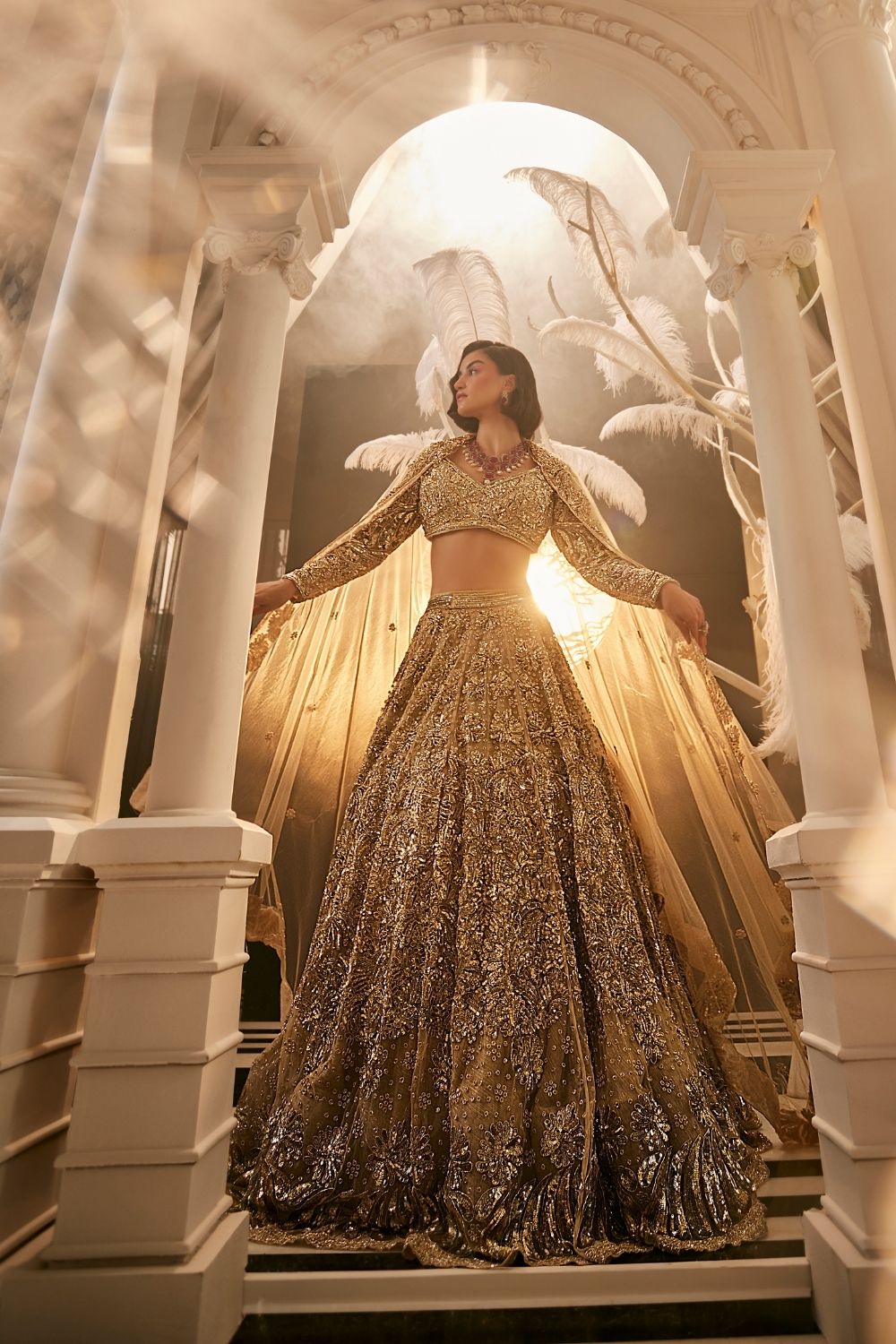 Vesta Golden Embellished Net Lehenga and Blouse with Dupatta