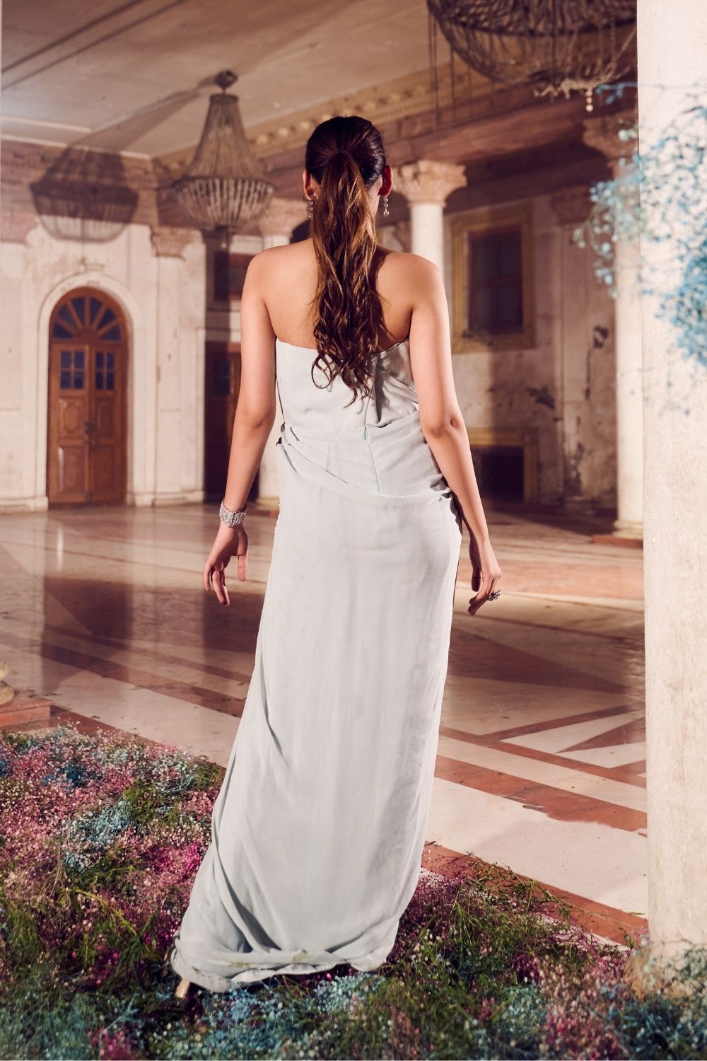 Nayantara Powder Blue Mirrorwork Draped Gown