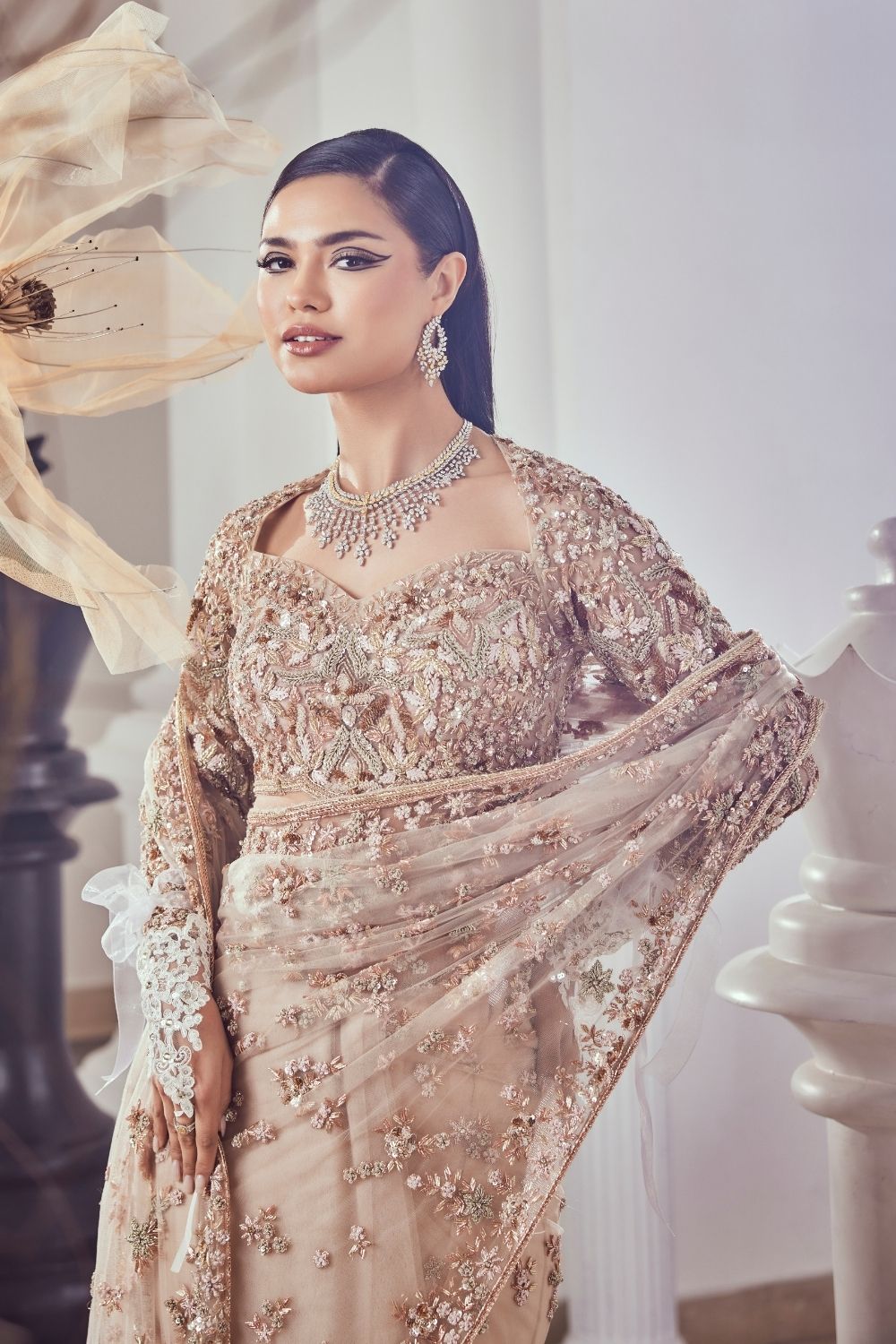 Theodora Beige Heavy Zardozi Embellished Net Saree Set With Sweetheart Neckline