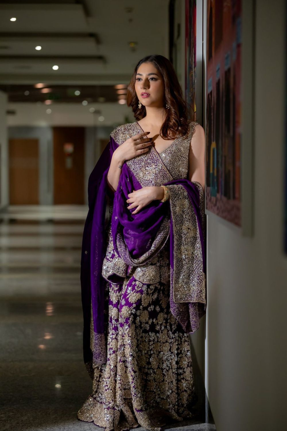 Disha Parmar in Rooh Purple Organza Lining Shantoon Embroidery Gul Peplum Kurti With Sharara