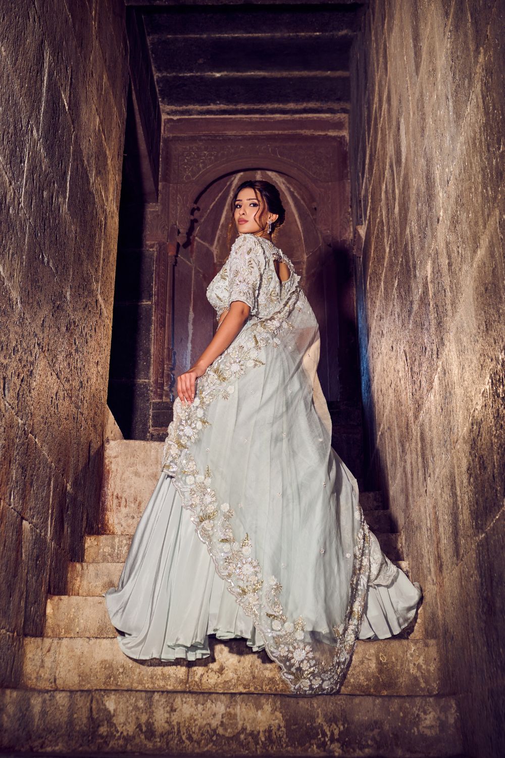 Oceane Powder Blue Embellished Crepe Lehenga with Blouse and Dupatta