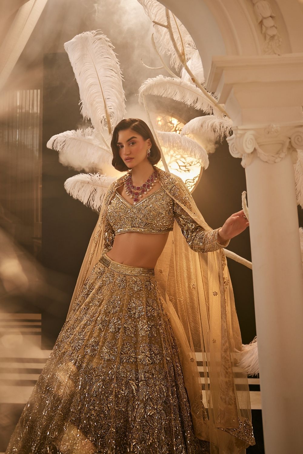 Vesta Golden Embellished Net Lehenga and Blouse with Dupatta