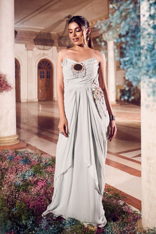 Nayantara Powder Blue Mirrorwork Draped Gown