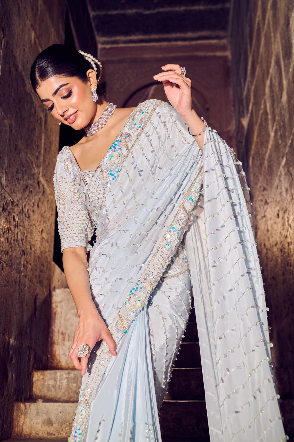 Elysia Powder Blue Embellished Crepe Saree with Blouse