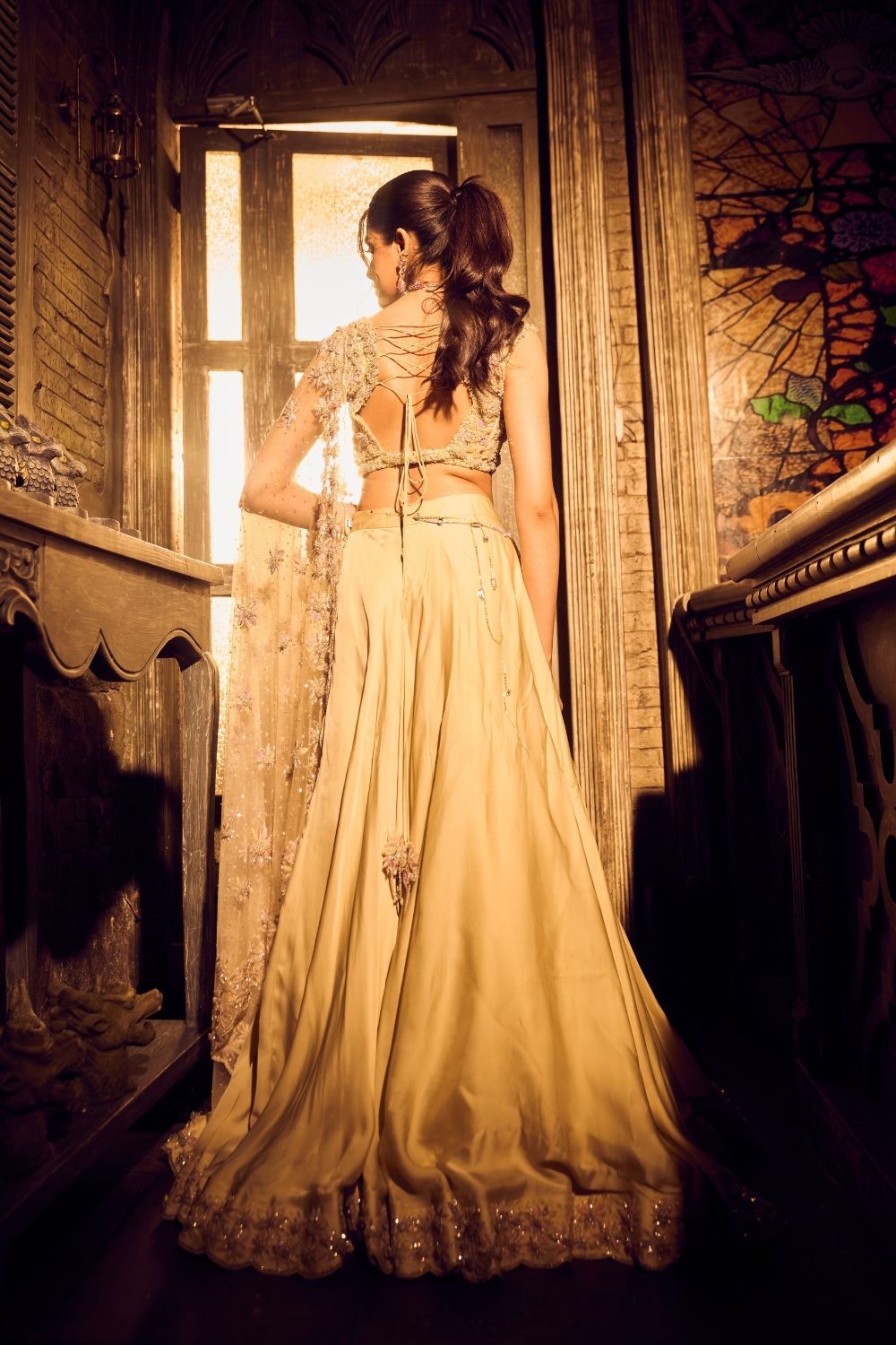 Lyra Green Ivory Ombre Embellished V-neck Satin Organza Net Lehenga with Dupatta