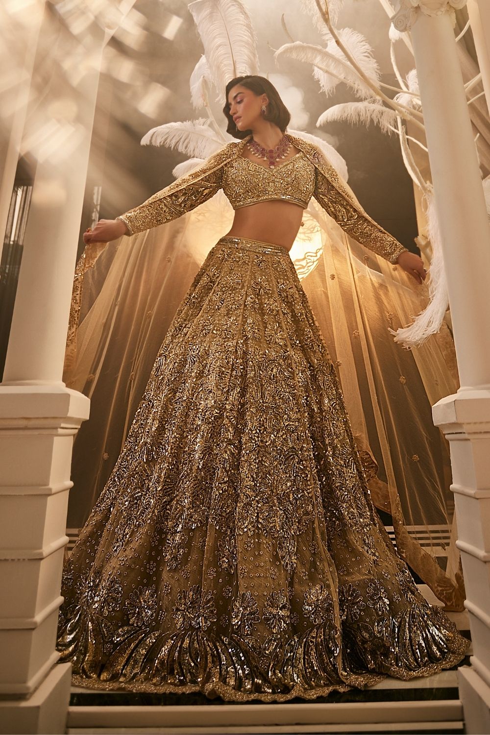 Vesta Golden Embellished Net Lehenga and Blouse with Dupatta