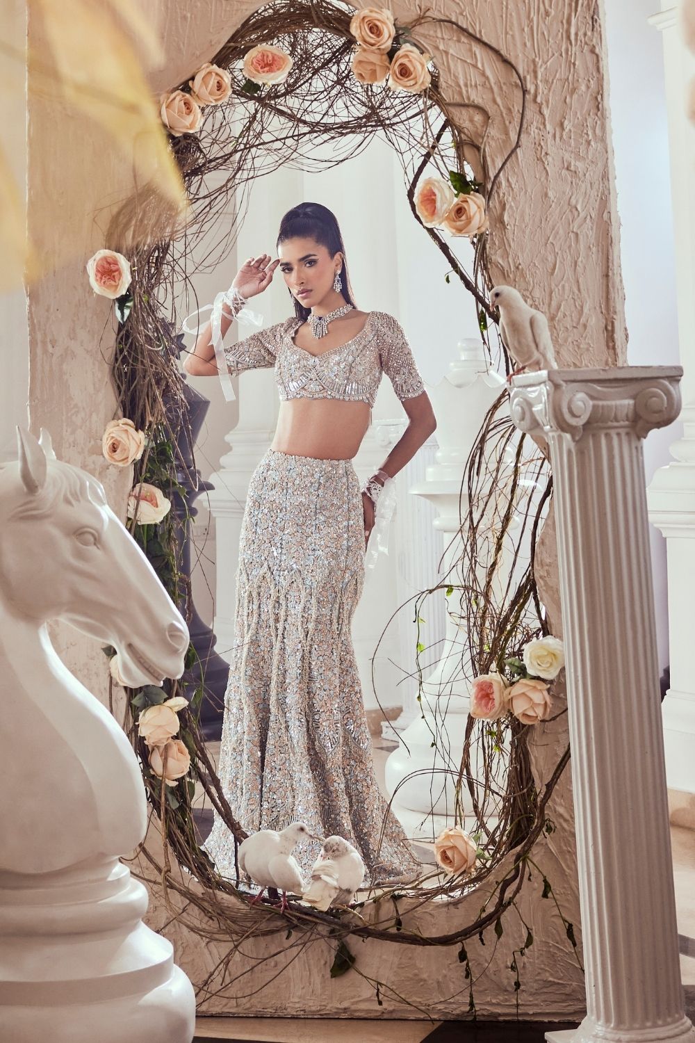 Eleonora Dull Blue Heavily Embellished Net Fish-cut Bridal Lehenga Set with Sweetheart Neckline