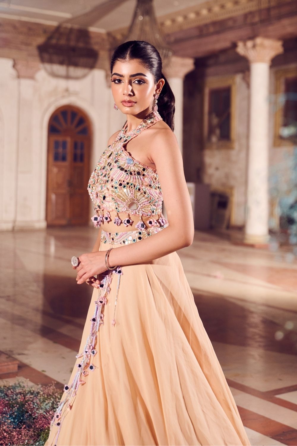 Nafisa Cream Mirrorwork Skirt with Halter Neck Blouse