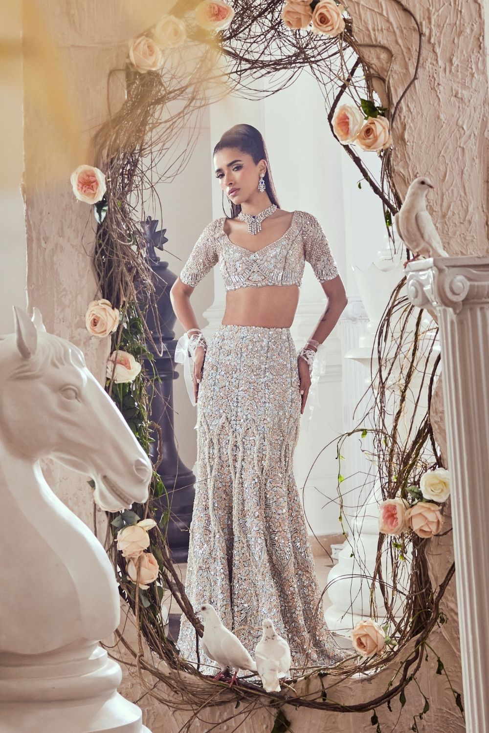 Eleonora Dull Blue Heavily Embellished Net Fish-cut Bridal Lehenga Set with Sweetheart Neckline