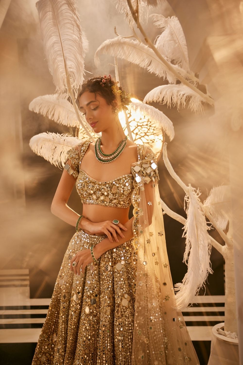 Minerva Gold Embellished Net Lehenga and Blouse with Trail