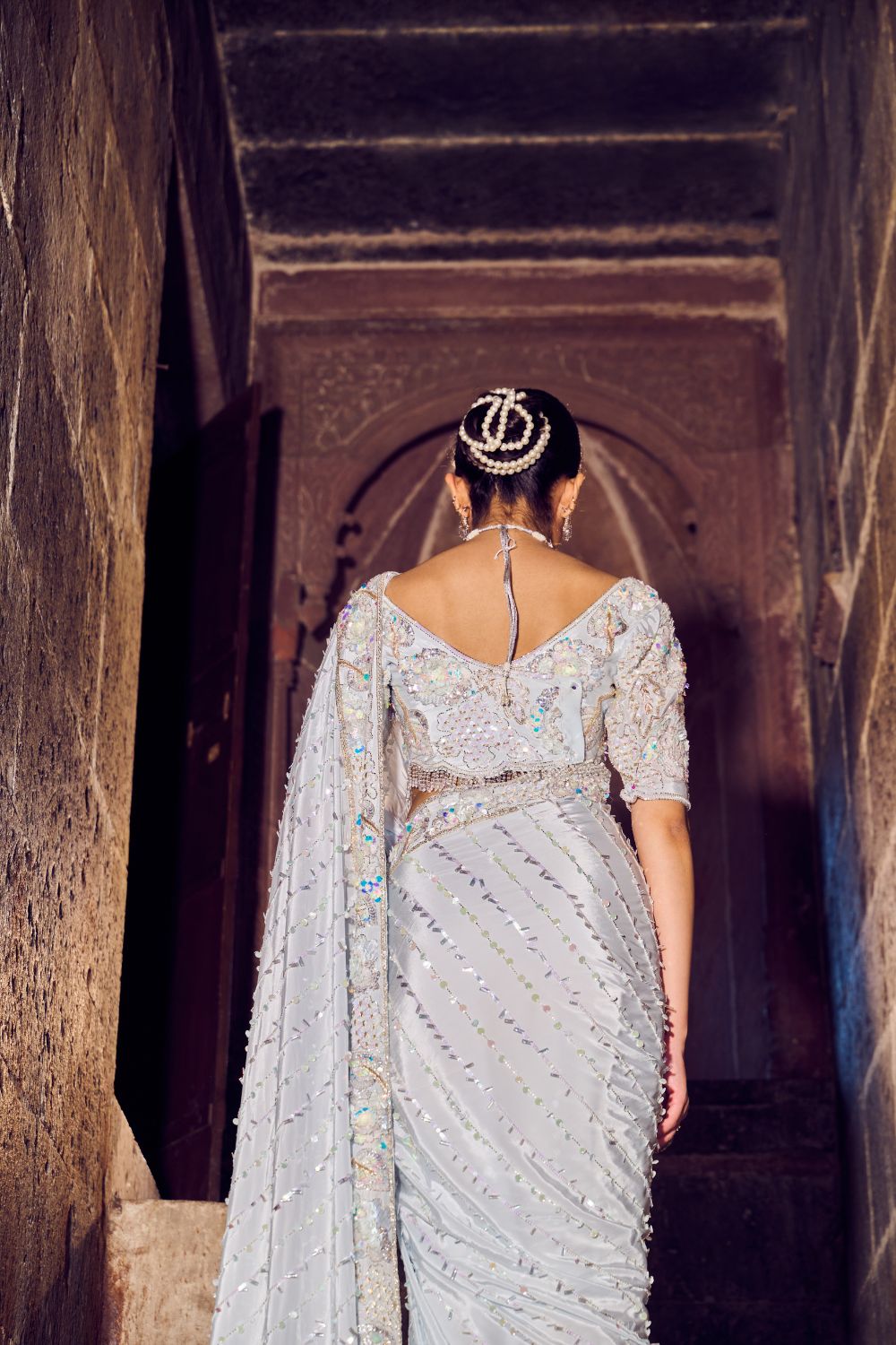 Elysia Powder Blue Embellished Crepe Saree with Blouse