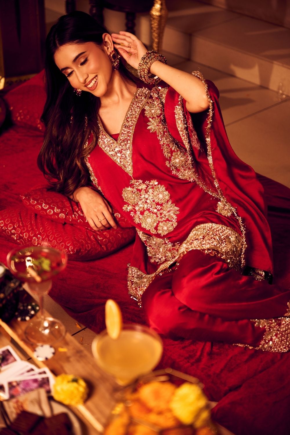 Seher Mahroon Satin Silk Lining Shantoon Gullistta Bloom Kaftan With Pants