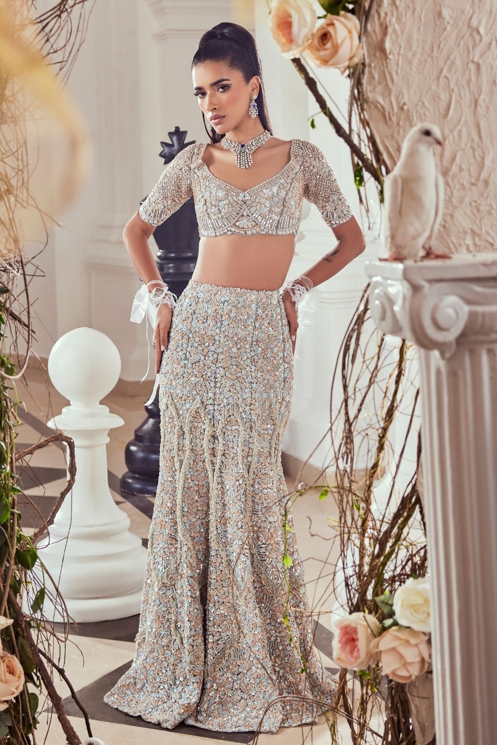 Eleonora Dull Blue Heavily Embellished Net Fish-cut Bridal Lehenga Set with Sweetheart Neckline