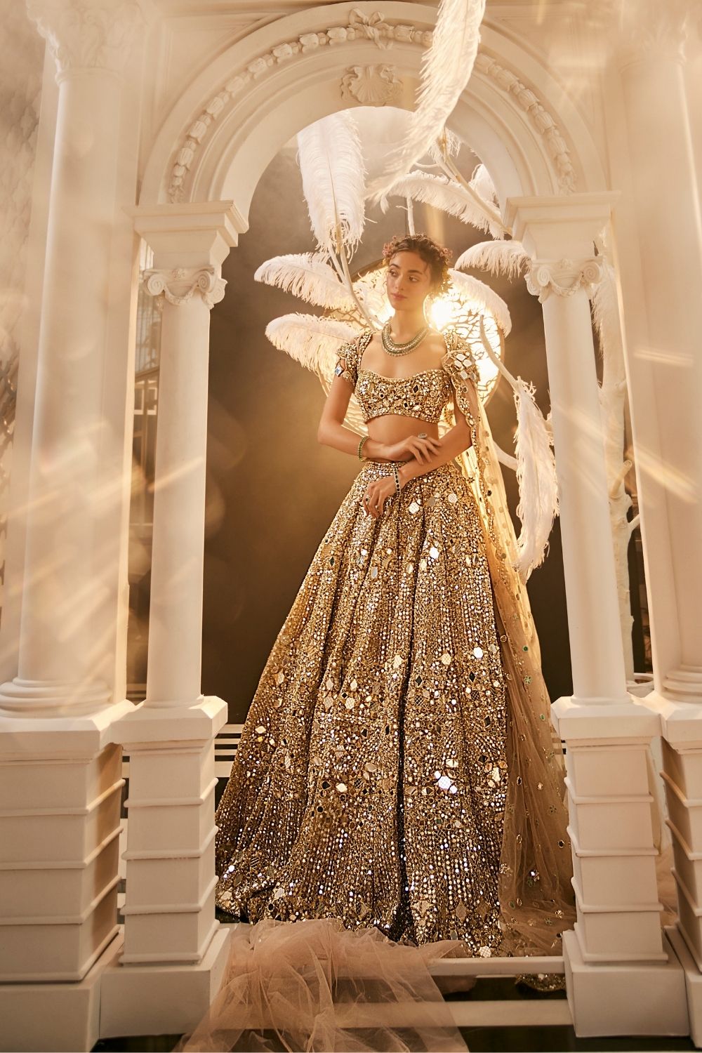 Minerva Gold Embellished Net Lehenga and Blouse with Trail