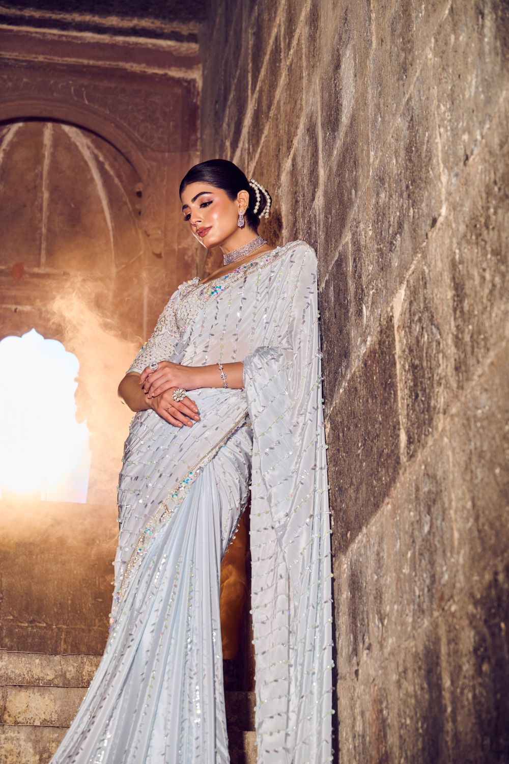 Elysia Powder Blue Embellished Crepe Saree with Blouse