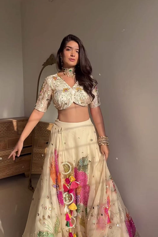 Harshita Roopchandani in Maya Ivory Kora Organza Hand Paint Floral V-Neck Lehenga Set