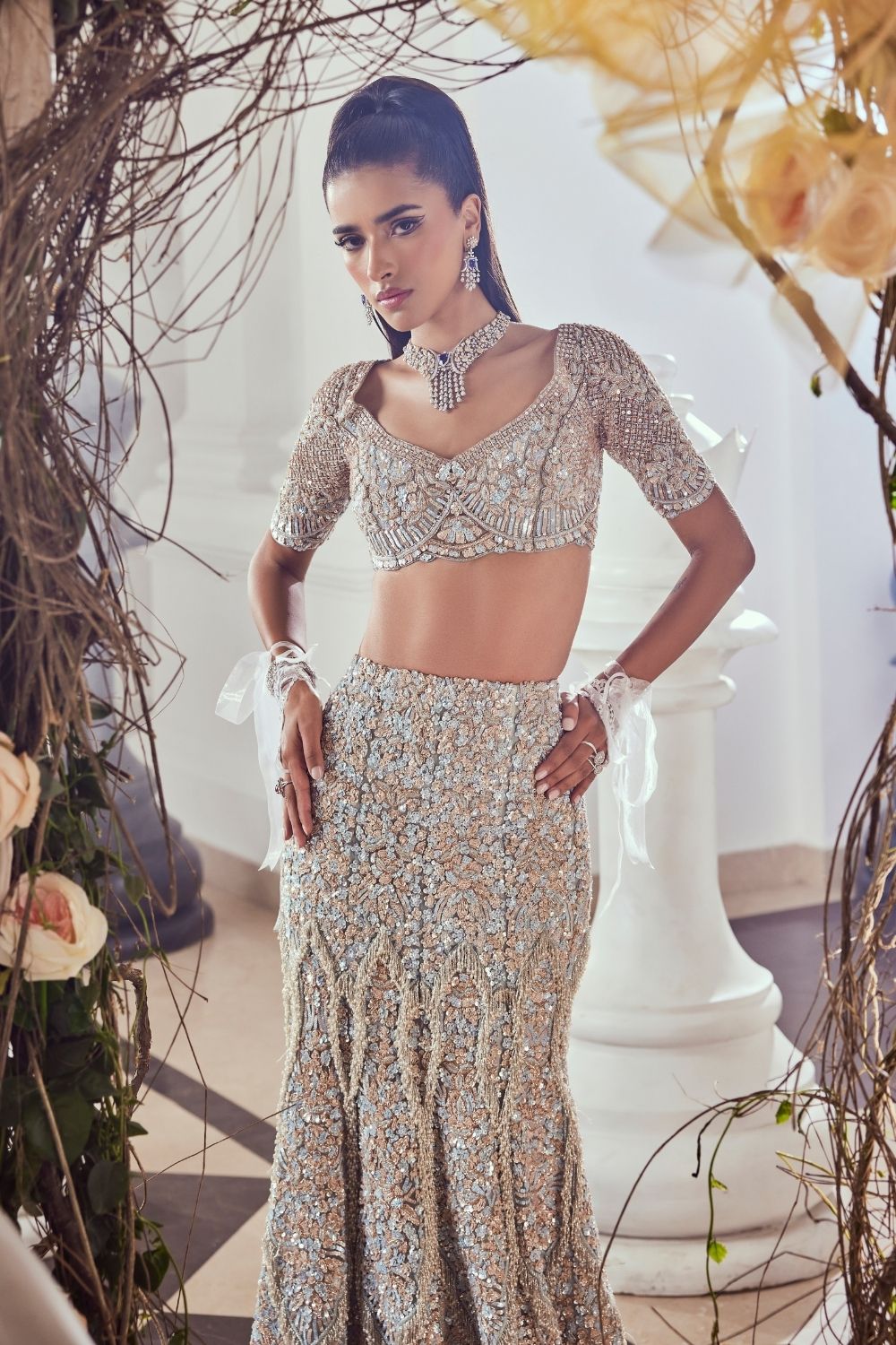 Eleonora Dull Blue Heavily Embellished Net Fish-cut Bridal Lehenga Set with Sweetheart Neckline