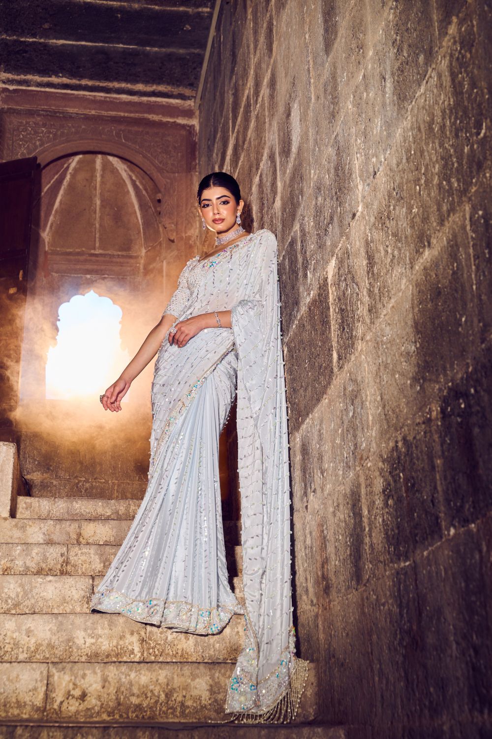 Elysia Powder Blue Embellished Crepe Saree with Blouse