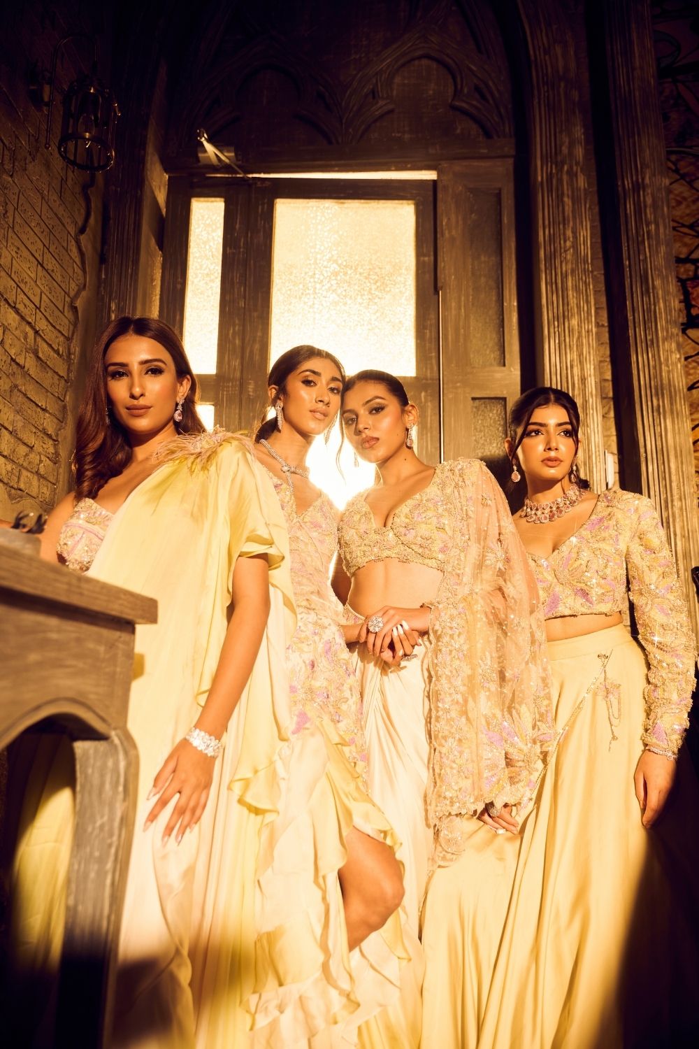 Ara Green Ivory Ombre Embellished V-neck Satin Organza Net Skirt with Crop Top