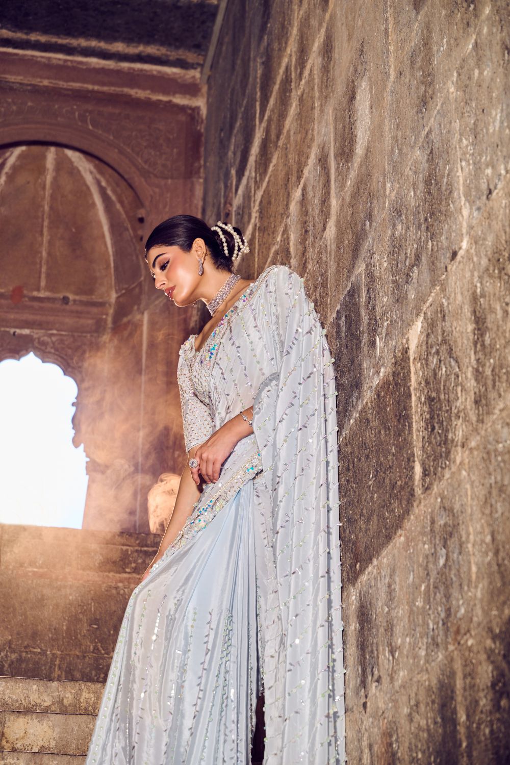 Elysia Powder Blue Embellished Crepe Saree with Blouse