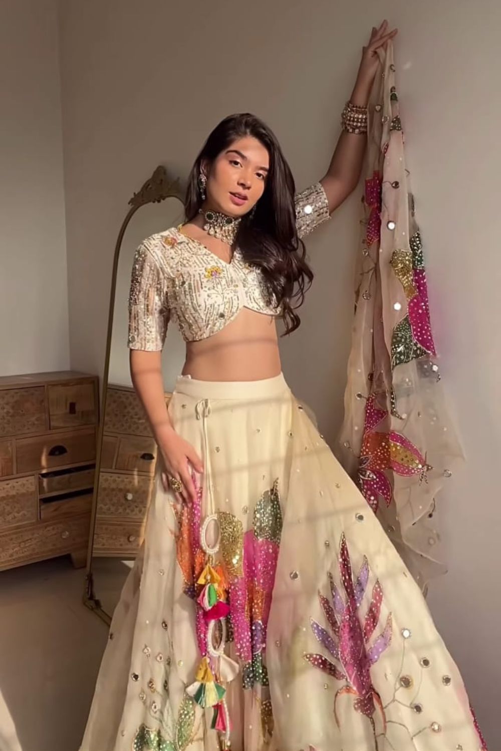 Harshita Roopchandani in Maya Ivory Kora Organza Hand Paint Floral V-Neck Lehenga Set